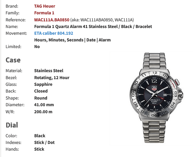 Screenshot 2025-02-04 at 12-30-23 TAG Heuer WAC111A.BA0850 Formula 1 Quartz Alarm 41 Stainless Steel _ Black _ Bracelet » WatchBase